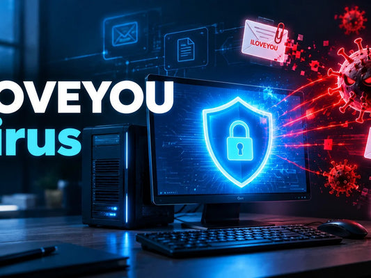 computer screen with a shield on it and the iloveyou virus