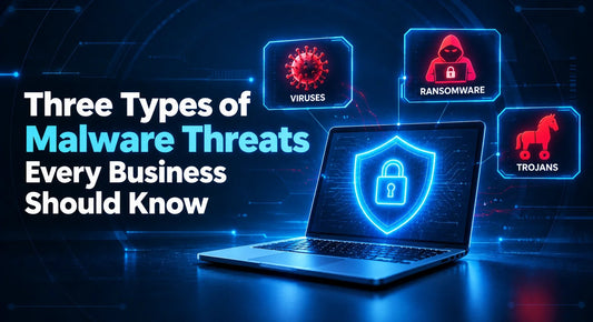 Laptop with a shield sign for 3 types of malware threats