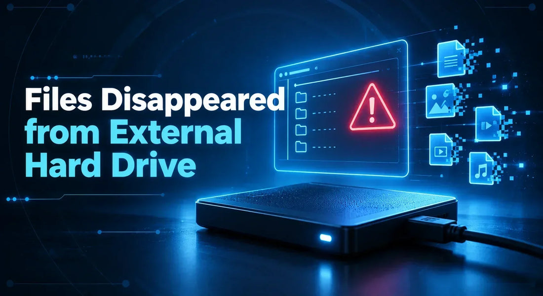 photo of an external drive with a warning sign for files disappeared from external hard drive