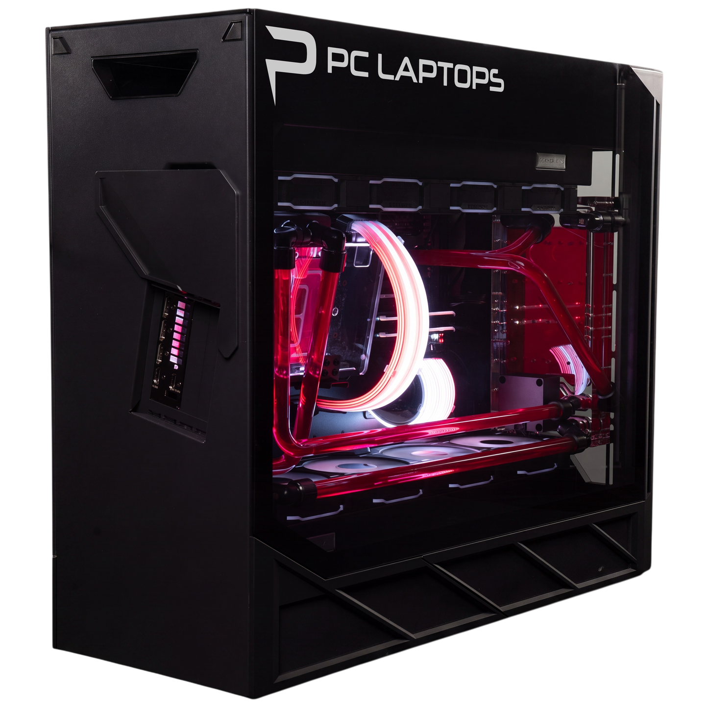 PC Laptops S-10 Desktop — back side with glass panel and cooling loop
